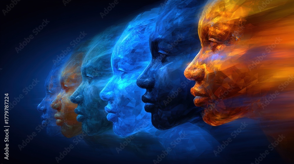 Five stylized human profiles are displayed in a gradient of colors, from orange to blue. This artwork captures the essence of emotions and diversity, portraying a sense of movement and depth.