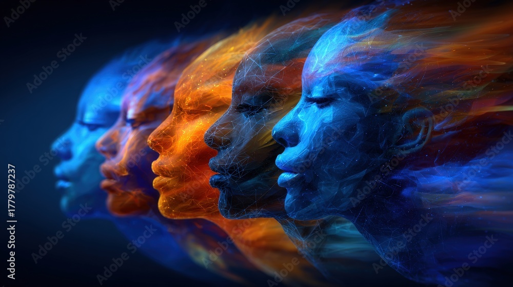 Five stylized faces display a gradient of colors, flowing from blue to orange. The artwork conveys various emotions through vibrant, swirling patterns that suggest movement and depth.