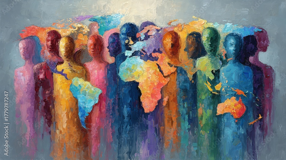 Colorful silhouettes of people stand together, each filled with vibrant world map patterns. This artwork symbolizes diversity, unity, and global connection, showcasing a harmonious blend of colors.