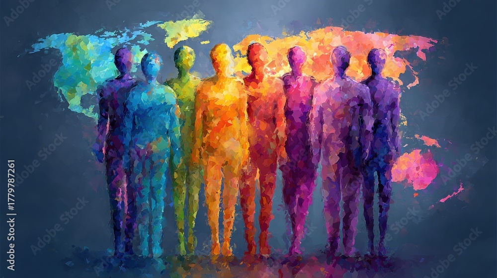 Silhouettes of diverse individuals stand side by side, showcasing an array of bright colors. The vibrant background features a world map made of swirling hues, symbolizing unity and diversity.