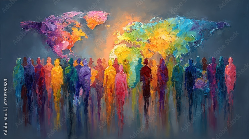Silhouettes of diverse individuals stand together, facing a bright and colorful world map made of abstract shapes. The artwork conveys themes of unity and global connection through vibrant colors.