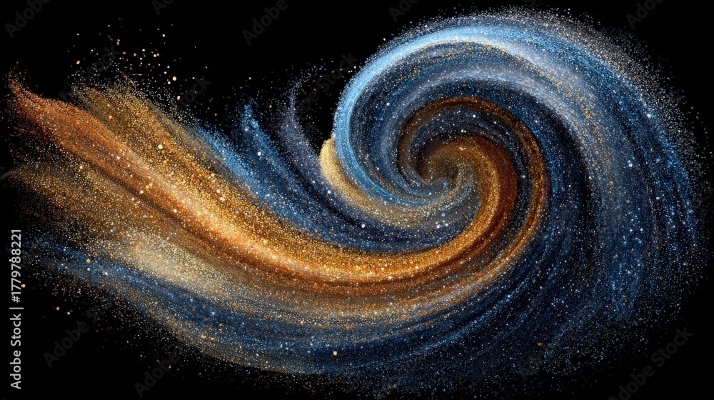 A vibrant swirl of colors resembling a cosmic wave is filled with sparkling particles.