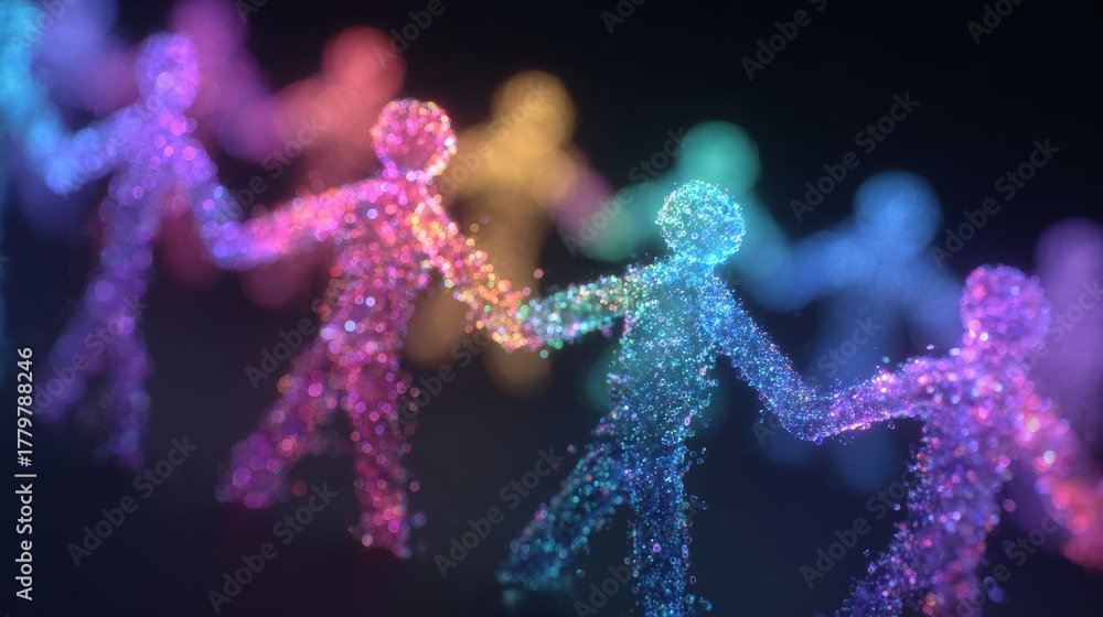 Bright, glowing figures of various colors are holding hands in a circle. This digital art piece symbolizes unity and connection among diverse people, celebrating togetherness in a vibrant atmosphere.