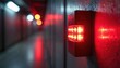 © Viktor - Red fire alarm strobe light illuminates metal wall in dim corridor. Emergency alert device flashes, signals danger. Safety system glows, provides warning in dark passage. Scene shows security