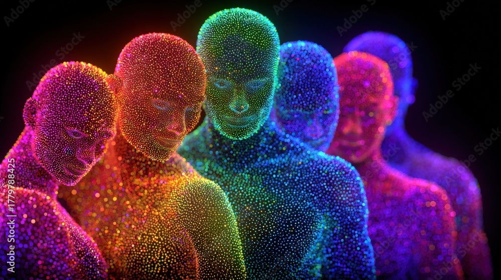 Brightly colored human-like figures glow in a dark background, formed from vibrant particles. Their arrangement suggests unity and connection, with hues of blue, purple, orange, and green.