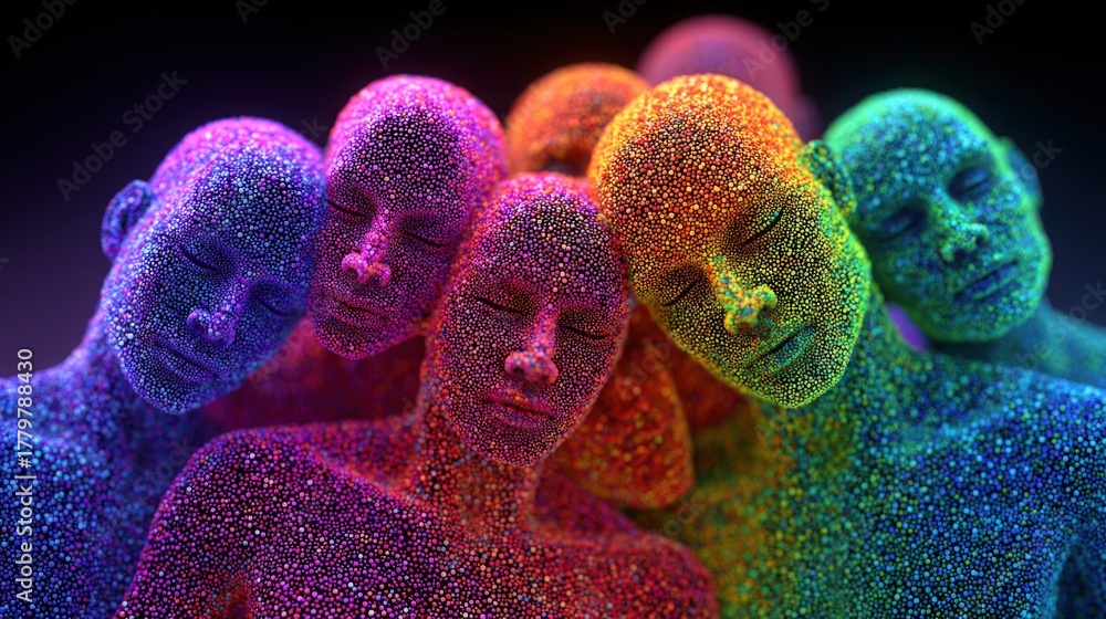 Multiple abstract figures are clustered together, displaying vibrant colors like purple, pink, blue, and green. They have serene expressions, suggesting a moment of calm and connection among them.