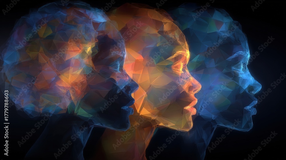 Three stylized human faces appear in profile, formed by vibrant, geometric shapes. The colors transition from warm oranges to cool blues, emphasizing expression and creativity in an abstract style.