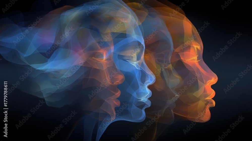 Three human profiles appear in flowing shapes, blending blue, orange, and darker tones. The faces seem serene and are surrounded by soft, ethereal hues, creating a dreamlike atmosphere.