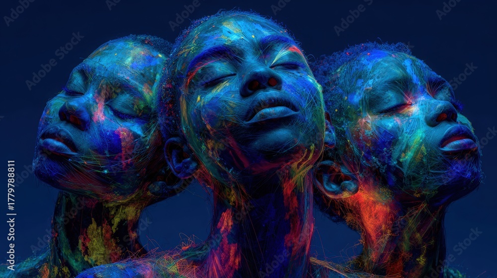 Three figures with closed eyes display intricate body paint in bright colors against a dark backdrop. Their expressions convey serenity and unity, showcasing creative artistic talent.