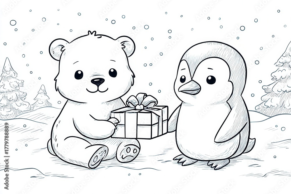 A cheerful bear sits in the snow, holding a present, while a friendly penguin stands beside. Snow falls gently around them, with pine trees in the background, creating a cozy winter scene.