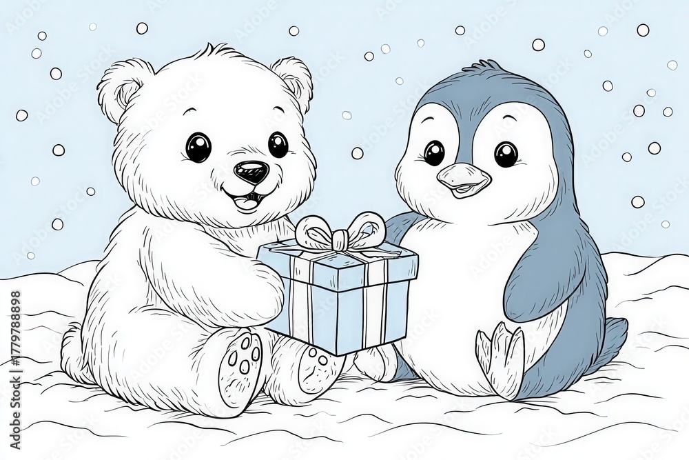 A cheerful bear and a friendly penguin sit together in the snow, exchanging a beautifully wrapped gift. Snowflakes fall gently around them, creating a joyful winter atmosphere.