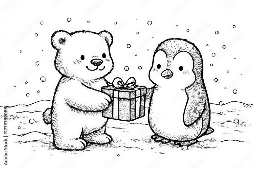A bear is handing a beautifully wrapped present to a penguin in a snowy landscape. Snowflakes gently fall around them, creating a cozy winter atmosphere filled with joy and friendship.