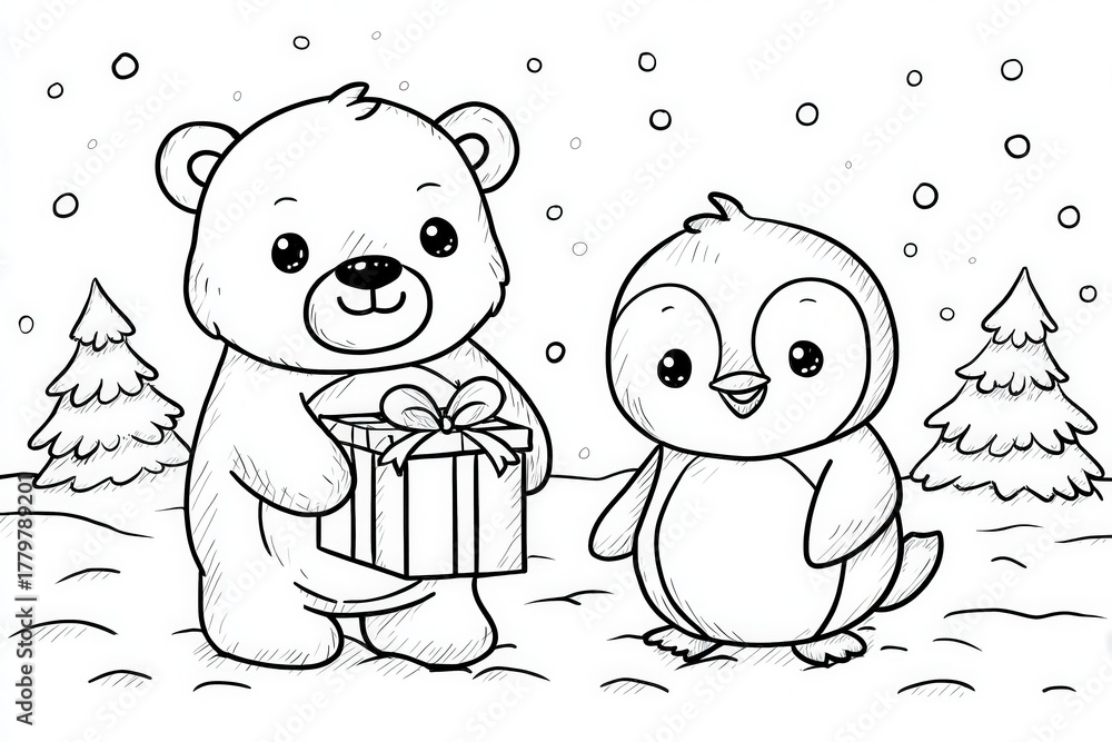 A bear holds a wrapped gift while standing next to a cheerful penguin in a snowy scene. They are surrounded by tall trees and falling snowflakes, creating a festive atmosphere.