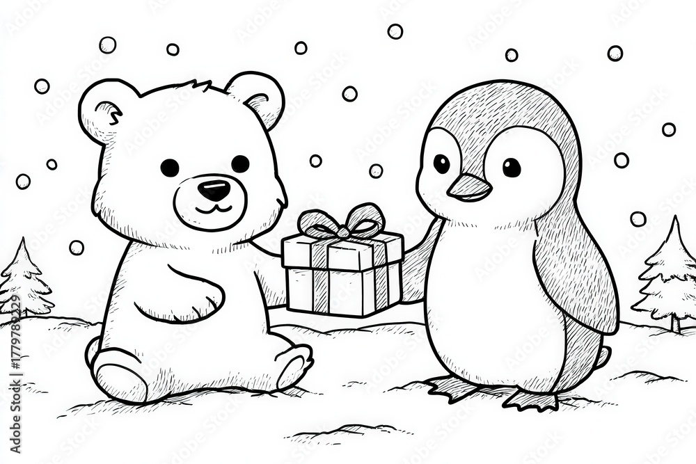 A bear happily hands a wrapped gift to a penguin in a snowy setting. Surrounding them are pine trees and falling snowflakes, creating a cheerful winter atmosphere.
