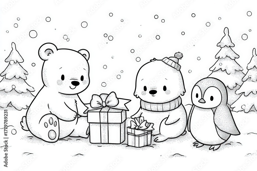 Three adorable animals are sitting together in a snowy landscape. A bear and a seal, dressed warmly, are opening colorful presents while a cheerful penguin watches in delight.