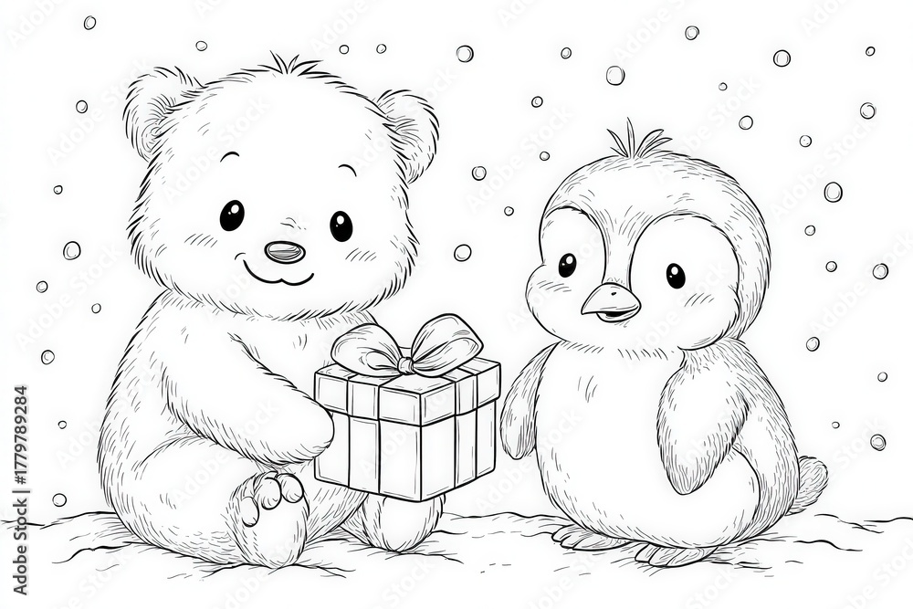 A cheerful bear holds a wrapped gift while sitting beside an adorable penguin in a snowy setting. The scene captures the joy of friendship during wintertime, with gentle snowflakes floating around.