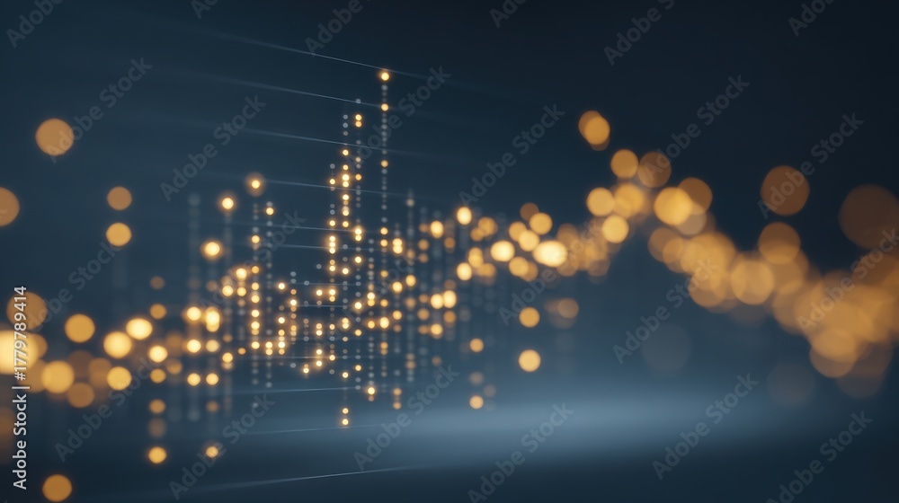 A luminous display of data patterns in warm colors. Small glowing dots create a wave-like trend against a dark background, illustrating dynamic changes and insights visually.