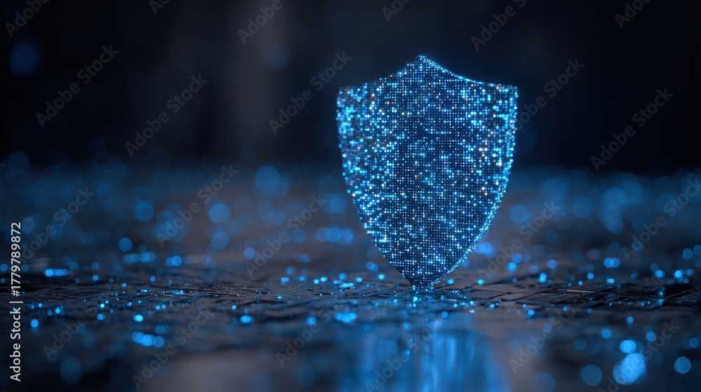 A glowing blue digital shield stands in a dark setting, symbolizing cybersecurity. Particles of light surround the shield, creating a futuristic atmosphere that emphasizes protection.