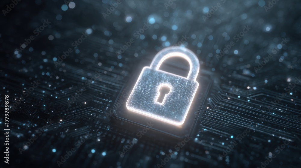 A glowing digital lock symbol appears prominently on a circuit board. The background features a dark texture enhanced by blue lights, creating a tech-inspired atmosphere.