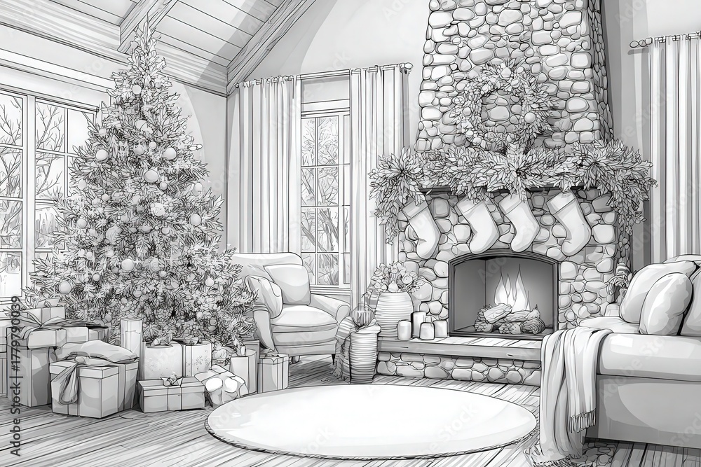 A warm and inviting living room decorated for Christmas features a tall tree with ornaments, a fireplace adorned with stockings, and neatly wrapped presents under the tree.