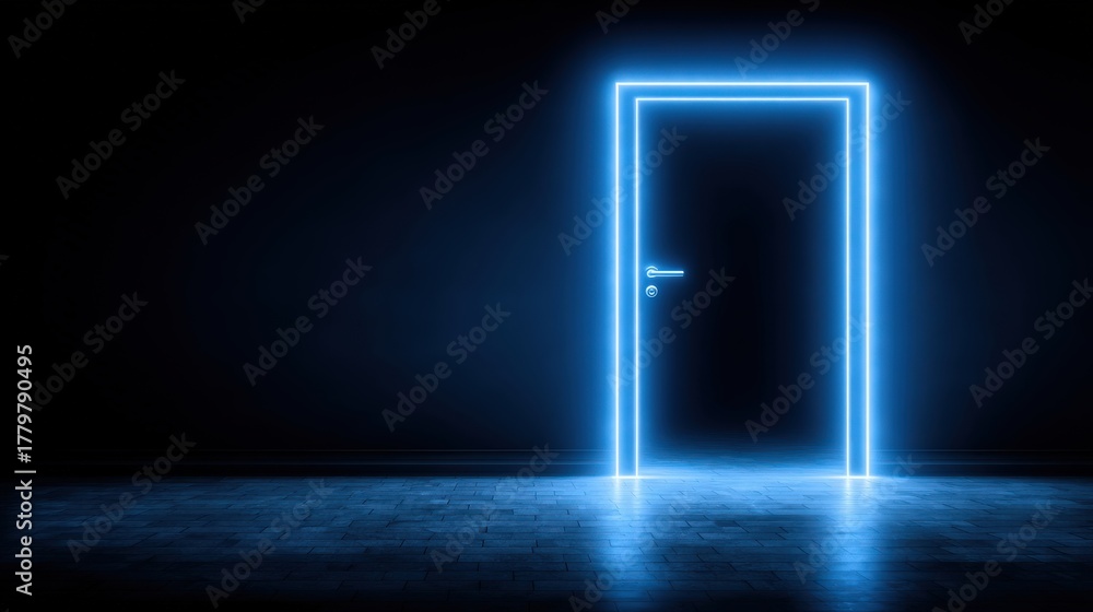 A striking neon door stands illuminated in a dark environment, casting a bright blue light. It creates an atmosphere of mystery and intrigue, encouraging viewers to imagine what lies beyond.