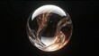 © Viktor - Abstract transparent sphere with swirling golden light inside. Glittering particles float within fluid strands. Dark background highlights glowing sphere. Minimalist design element.
