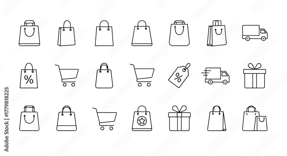 Collection of Shopping Bags Related Line Icons: Outline Signs for Graphic and Web Design, Apps, Advertisements, Various Cards, Vector Cartoon Illustration with Delivery Trucks, Shopping Carts, Gift