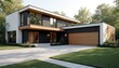 © Viktor - Modern luxury residential house features flat roof architecture with clean lines. Contemporary home big windows, natural wood garage door, dark siding panels, bright white walls. Rich green lawn,