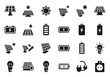© John - Monochrome icon set representing solar power technology, green energy concepts, panels, sun, and battery storage symbols