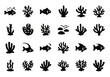 © John - Underwater sea life vector icon set with simple black silhouettes of fish, coral reefs, and aquatic plants on a white background