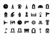 © John - Solid black glyph icon set of historical architectural elements, including towers, arches, clocks, and windows for building design