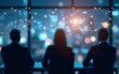 © Helen - Blurred silhouettes in meeting room, interconnected network overlay, cityscape background, abstract light points, connectivity concept. High quality