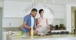 © vectorfusionart - Chopping cooking duo slicing vegetables and stirring frying pan at home kitchen island, AR graphics