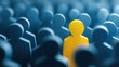 © andyaziz6 - A bright yellow wooden figure standing out among a crowd of dark blue figures representing individuality and uniqueness in a group setting.