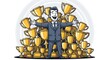 © Iswanto - Successful Businessman Celebrating Achievement with Many Trophies.