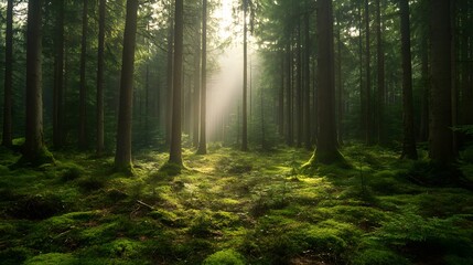  A sunbeam pierces through the dense canopy of a lush, green forest, illuminating the mossy forest floor.