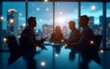 © Emily - Blurred silhouettes in meeting room, interconnected network overlay, cityscape background, abstract light points, connectivity concept. High quality