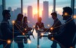 © Emily - Blurred silhouettes in meeting room, interconnected network overlay, cityscape background, abstract light points, connectivity concept. High quality