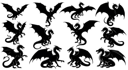  Set of Flying and Roaring Dragon Silhouette Designs – Black Mythical Creature Vector Collection for Tattoo, Logo, Fantasy Illustration, and Graphic Design Isolated on White Background