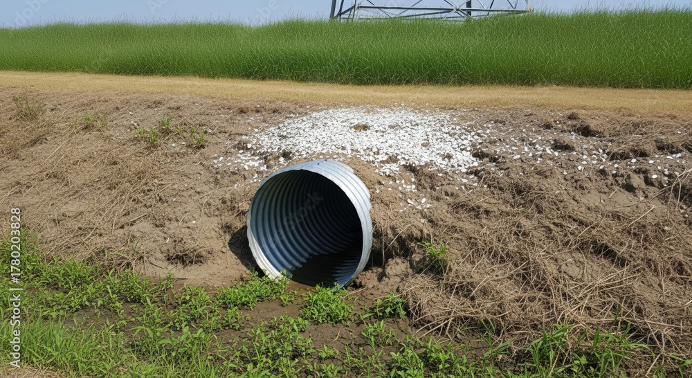 Corrugated pipe drainage pipe culvert grass dirt embankment erosion ...