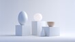© Matcha_09 - Minimalist Arrangement of Geometric Objects Featuring Egg, Sphere, Bowl, and Vase on Simple White Pedestals in Soft Light