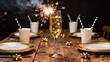 © ba - A festive table setting with a champagne flute filled with golden confetti, sparkling fireworks, and elegant party decorations on a rustic wooden table.
