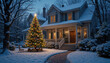 © Pattrisa - Beautifully decorated Christmas tree glows warmly in front of charming, snow covered house during peaceful winter evening, creating festive and cozy atmosphere