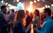 © cui - A vibrant networking event with business professionals engaging in conversation, blurred figures creating a sense of motion and activity. High quality