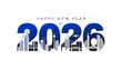 © Comercial Visual Art - Vector illustration of 2026 happy new year typo with modern high rise building design and city skyline background.