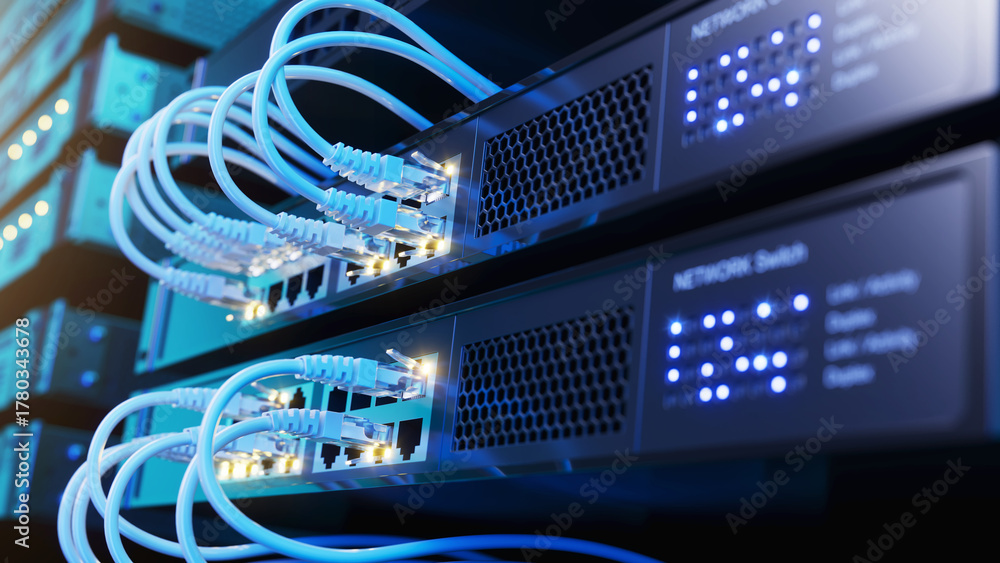 Switch Pc Server Network switch and network cables in modern server room data center ...