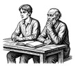 © Artem - Young man and elderly man studying together at a wooden table against white background