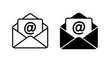 © HeLLo WorLd - Email icon set featuring modern vector envelopes with @ symbol — outline and solid black versions for UX design, messaging, business communication, and digital interface projects.