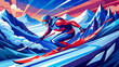 © koushkij - A dynamic winter scene featuring a skier in vibrant red and blue gear carving down a steep snow-covered mountain slope, snow flying around, sunlight reflecting on icy trails, evoking speed, thrill