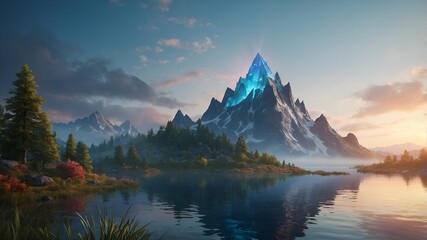  Panoramic fantasy environment with crystal peaks, luminous plants, and soft reflections on tranquil water.